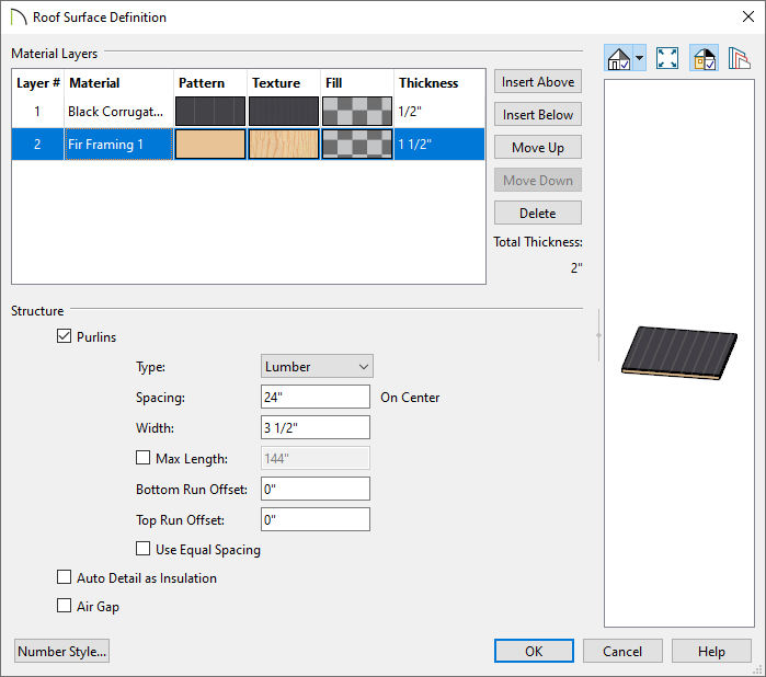 Roof Surface Definition where the purlins are setup